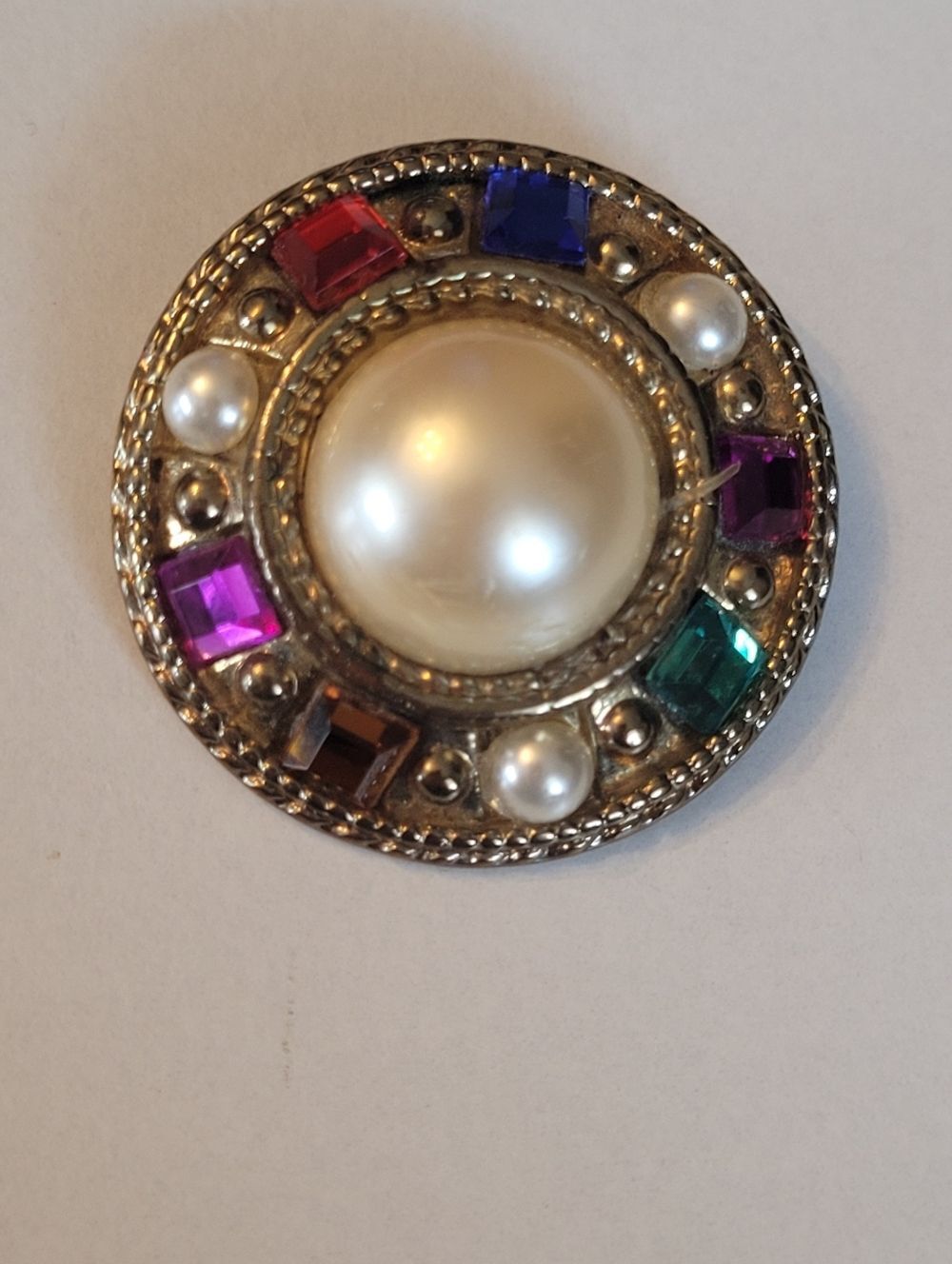 Vintage Round Multi Colored Rhinestone Brooch